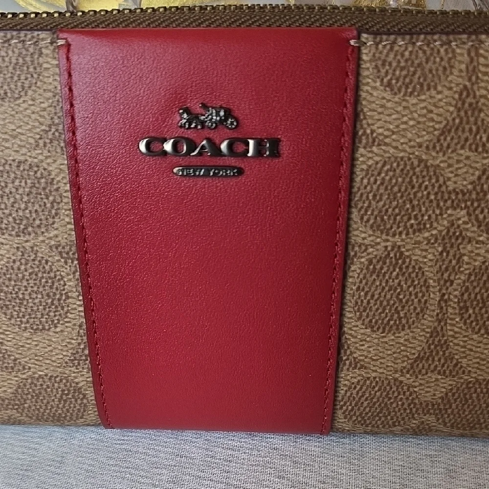 Coach Signature Brown and Red Zip Wallet - Picture 2 of 8